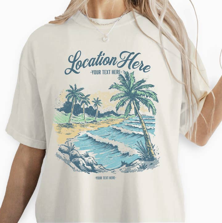Textile Graphix - Wholesale Screen Printed T-Shirt - Women's - Tropical Beach Scene Tee – Customizable Summer Graphic0