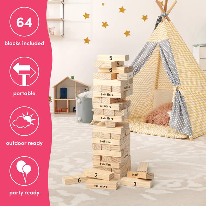 The Twiddlers - Wholesale Stacking Game - Large Tumble Tower Garden Lawn Game, 64 Wooden Blocks, 4ft