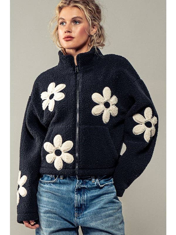 Urban Daizy - Wholesale Jacket - Women's - Playful Floral Fleece Zip Up Collared Jacket