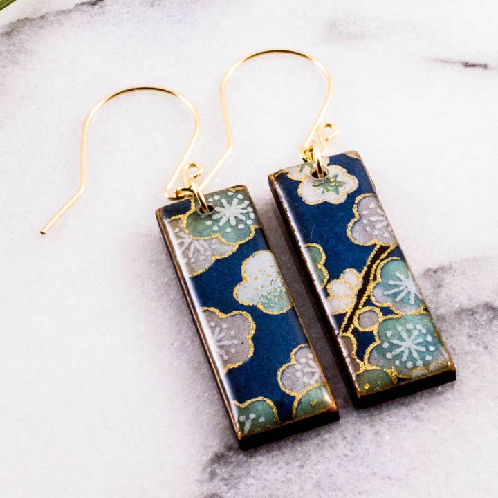 Dusky Blue Cherry Blossom Rectangle Earrings for wholesale by No Man's Land