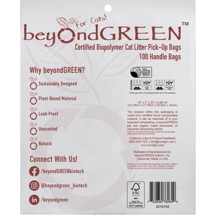 beyondGREEN biotech, Inc. - Wholesale Pet Poop Bag - Plant-Based Cat Litter Bags – 100 Bags with Handles