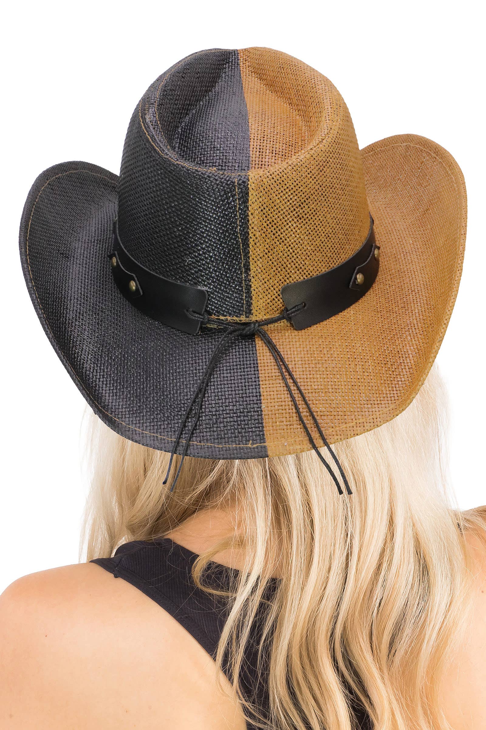 TAN/SORT Cap Zone split-farvet cowboystrohat med Longhorn-bælteemblem for engroshandel på Faire3