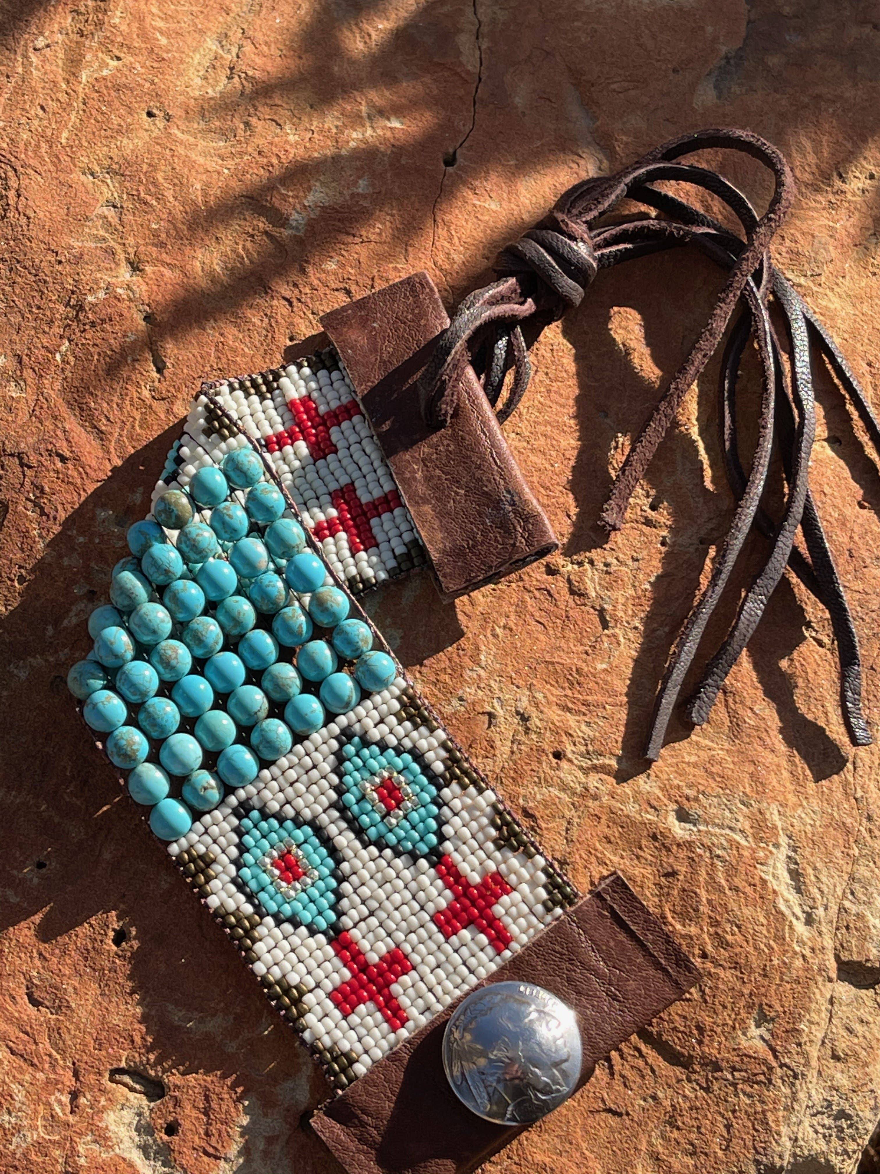 Fleurdesignz Western Jewelry - Wholesale Cuff Bracelet - Turquoise And Leather Loom Cuff Bracelet, Prairie Drifter