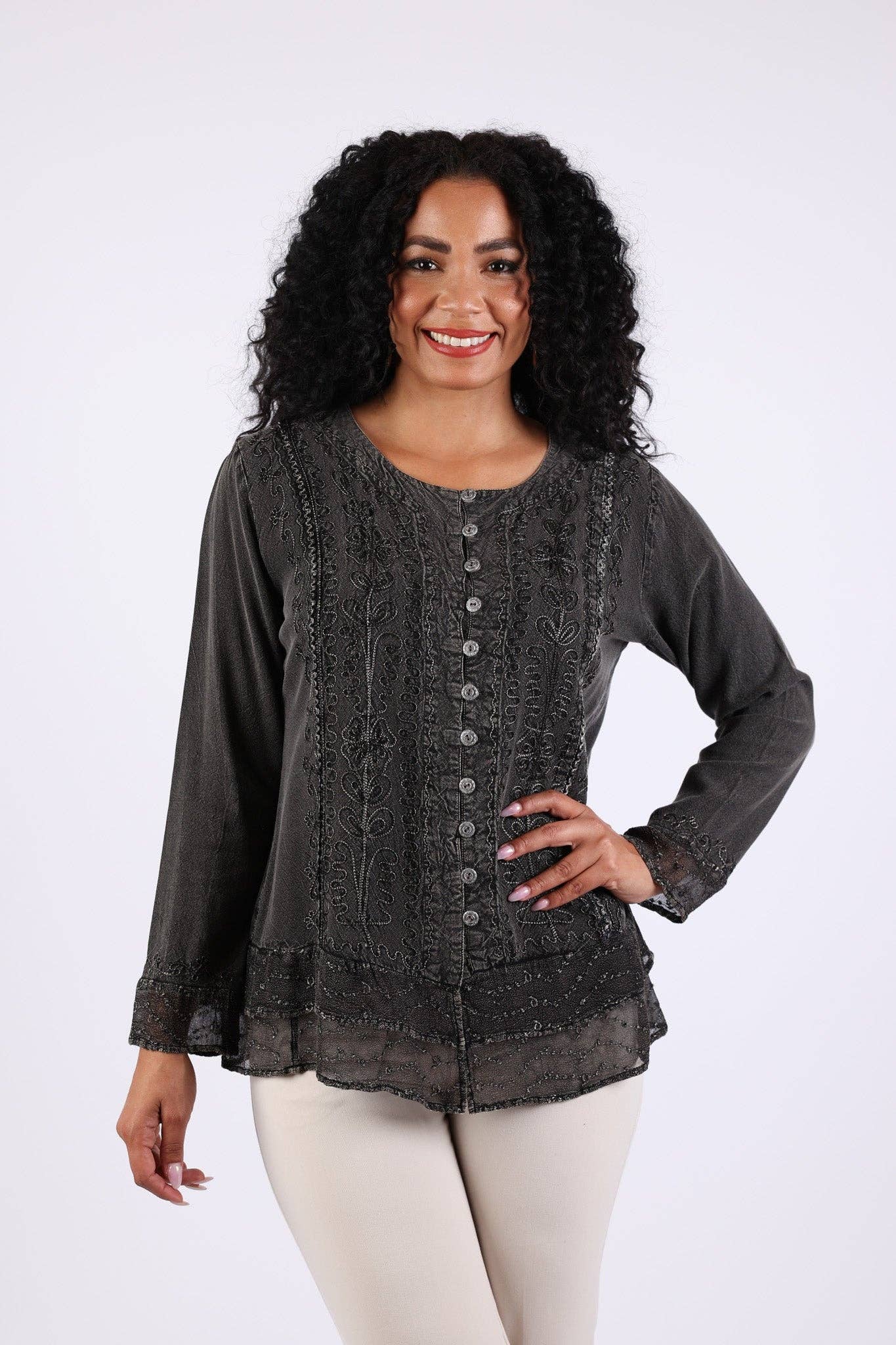 Sacred Threads - Wholesale Button Down Shirt - Women's - Vintage Fall Boho Stonewashed Top: Embroidered Shirt4