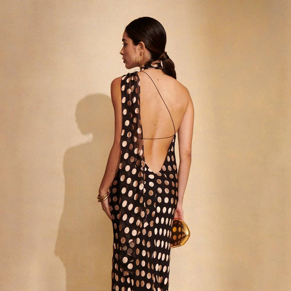 Black 2025 Summer Elegant Halter Neck Polka Dot Maxi Dress for wholesale on Faire2