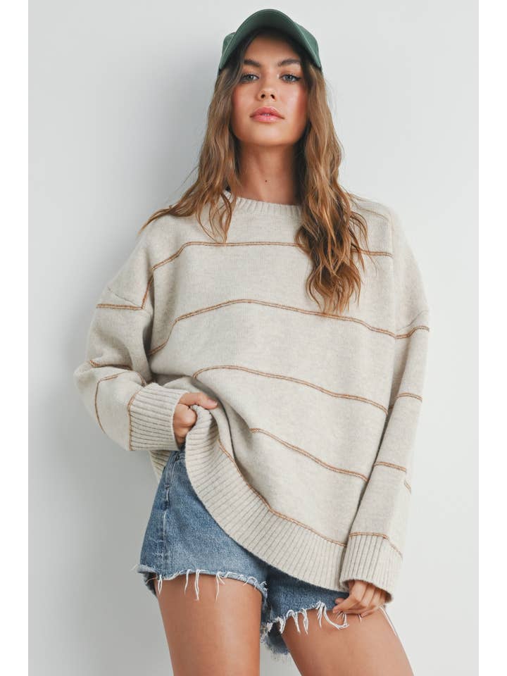 BUTTERMELON - Wholesale Knit Sweater - Women's - Striped Pattern Drop Shoulder Sweater - BMW7421