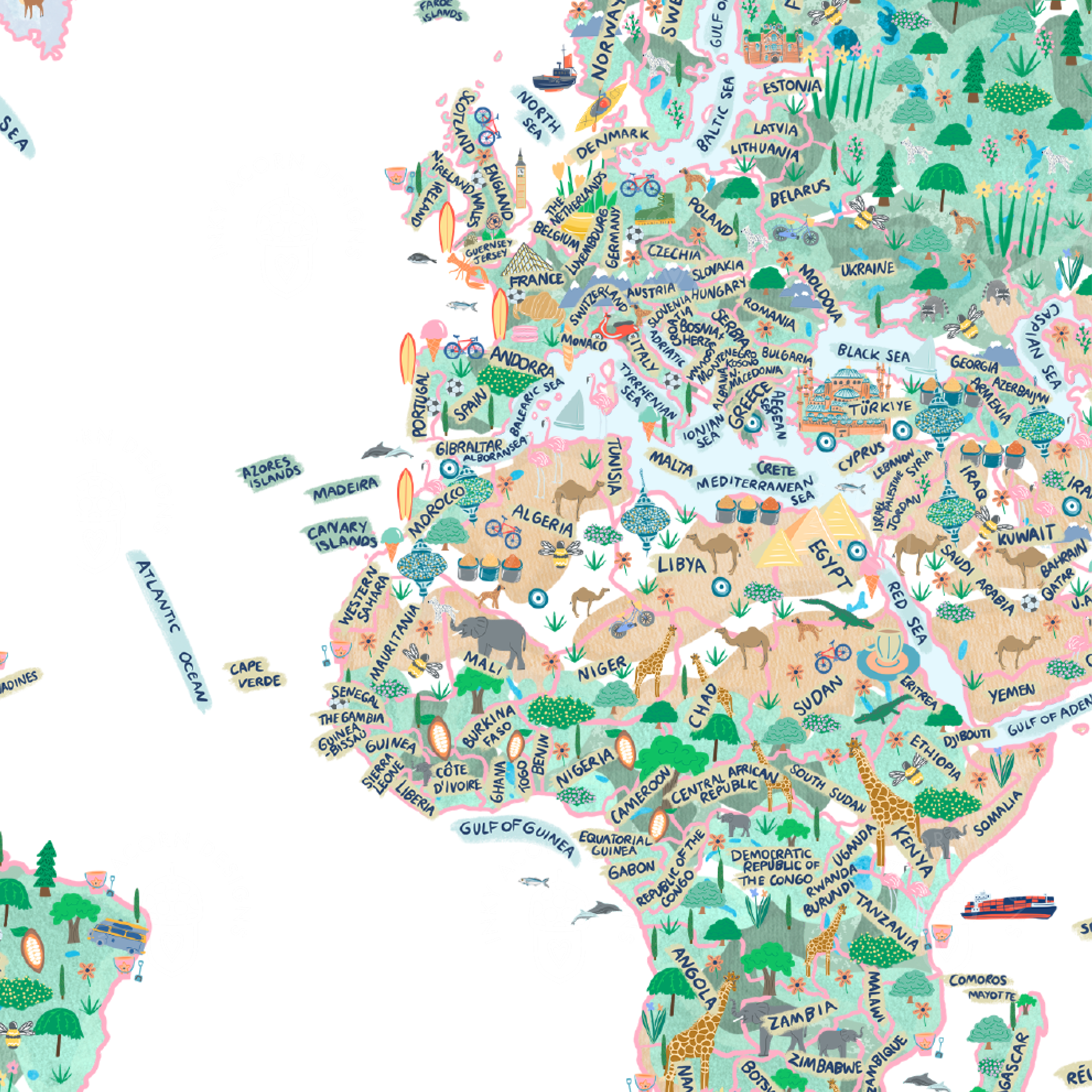 Inky Acorn Designs - Wholesale Art Print - World Map Art Print2