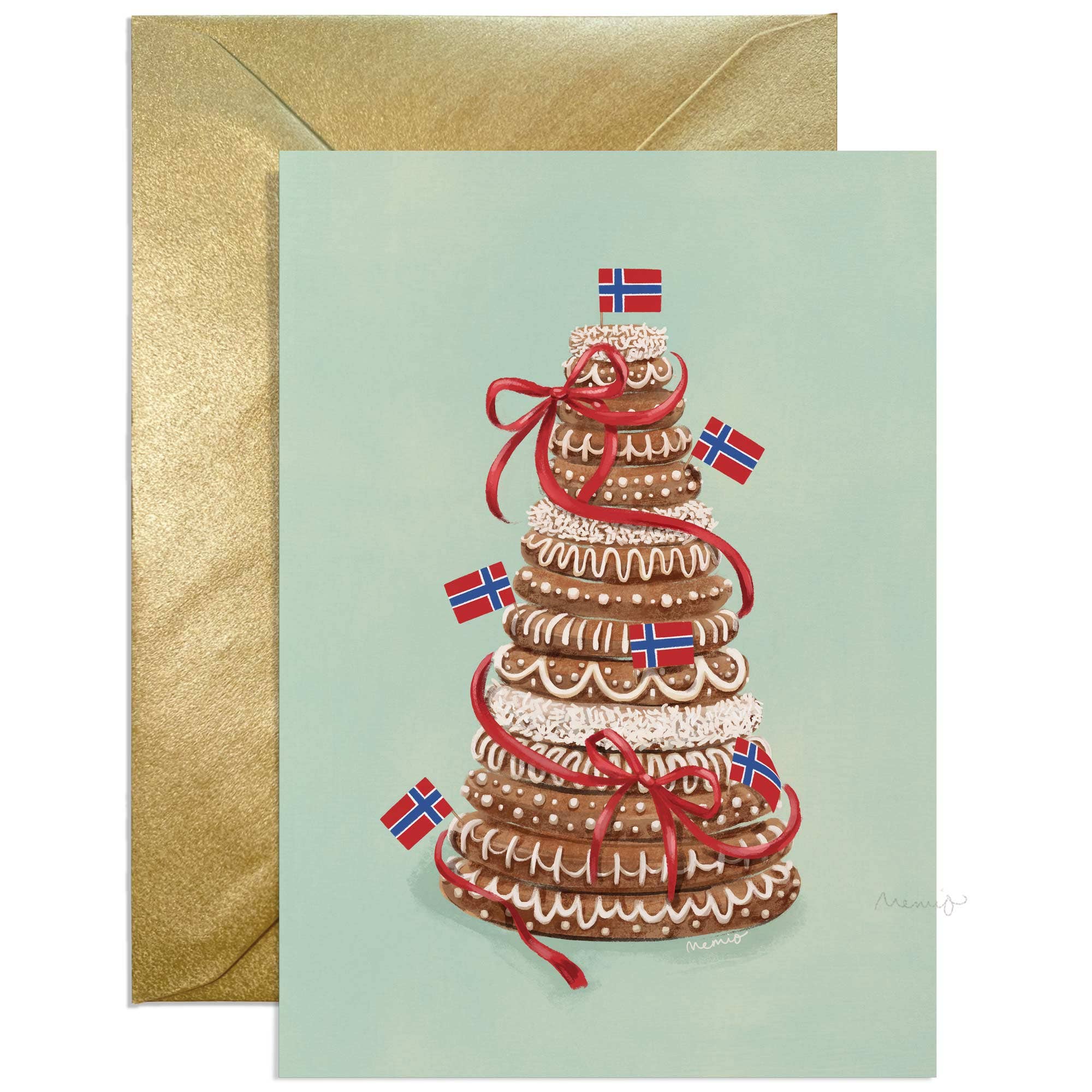 Memio Illustrated Designs - Wholesale Birthday Card - A6 Kransekake Card + gold envelope 0