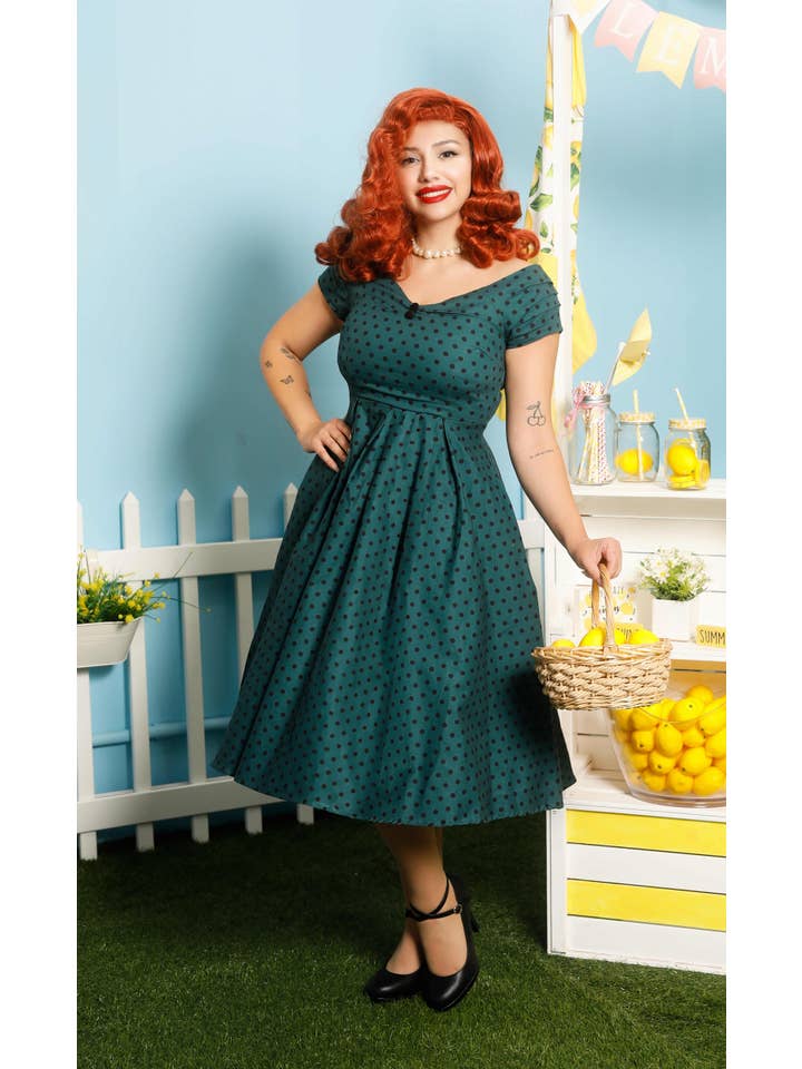 Dolly & Dotty - Wholesale Dress - Women's - 50s-Style Off Shoulder Polka Dot Swing Dress in Olive Green