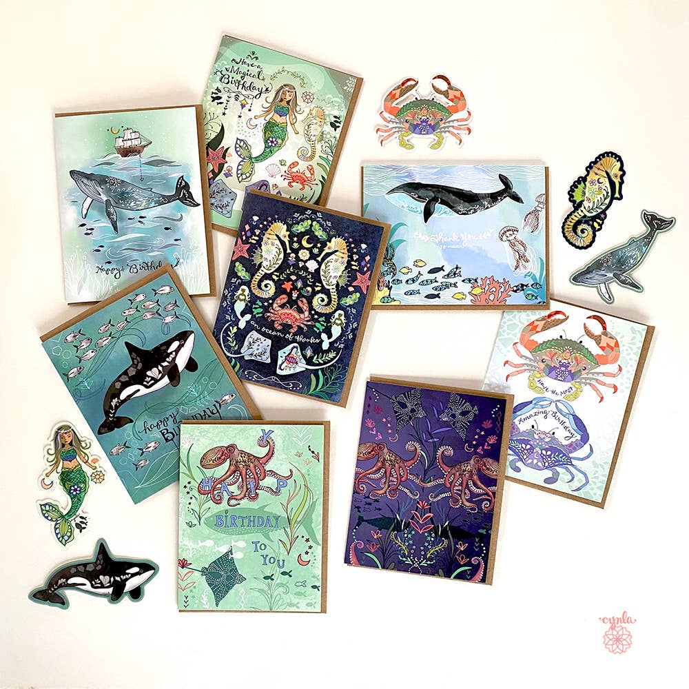 Cynla - Wholesale Thank You Card - Thank you Ocean Greeting Card- sea mermaid seahorse crab3