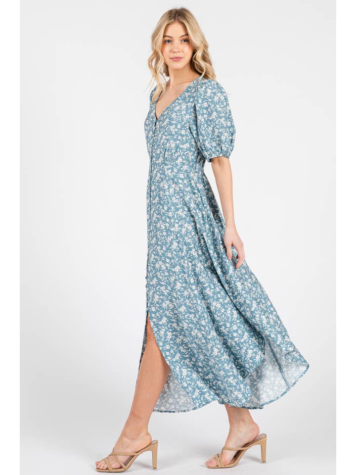 Calista - Wholesale Dress – Women's - SHORT SLEEVE SELF COVER BUTTON DETAIL MIDI DRESS - VD60699