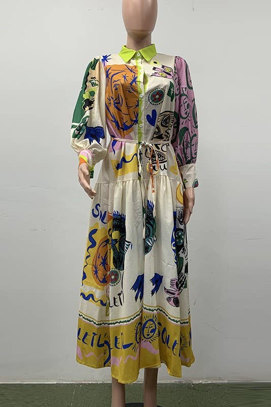 Greece Graffiti printed long sleeve maxi dress for wholesale on Faire0