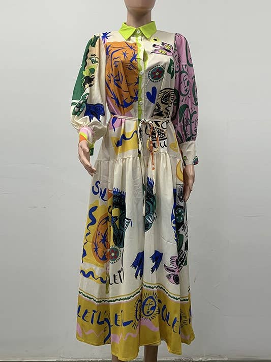 Greece Graffiti printed long sleeve maxi dress for wholesale on Faire