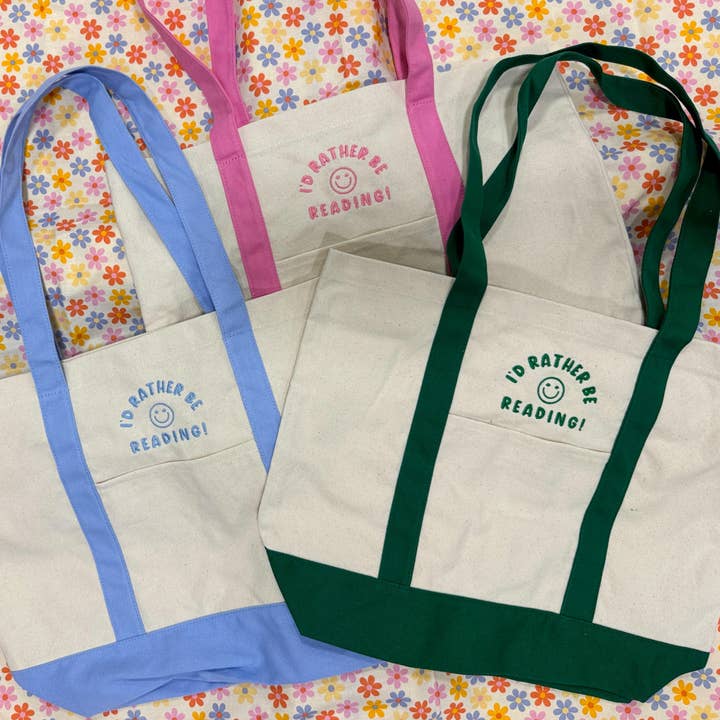 Ich würde lieber eine bestickte Leinwandtasche lesen. für den Großhandel von Emily Paige Company