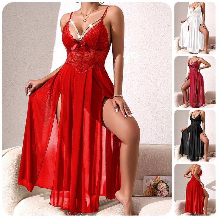 Mufei Sexy Lace Deep V Nightgown Long Slit Sheer Pajamas for wholesale by Plush Looks