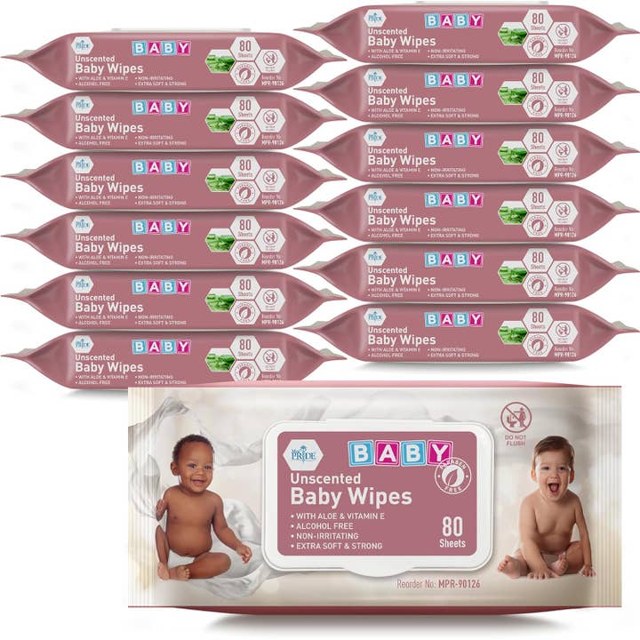 MedPride Baby Wipes, Unscented with Aloe Vera and Vitamin E, Pink 6" x 7.5", 80/Pack, Case of 24 (1920 count) for wholesale by Go Bulk Medical