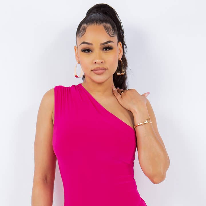 J7189 Shirred One Shoulder Lined Bodysuit for wholesale by Uptown Apparel