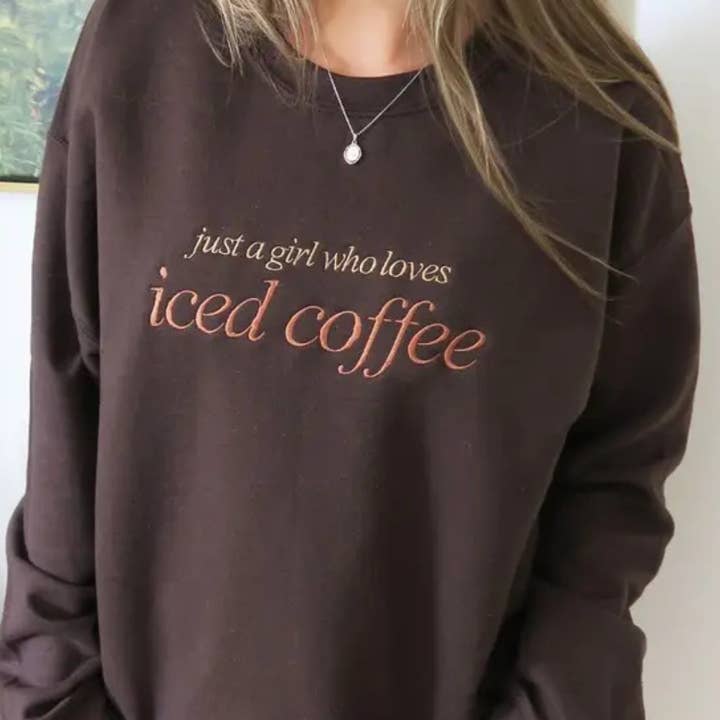 Women's Embroidered Just a Girl Who Loves Coffee Sweatshirt for wholesale by MELODY FAYE