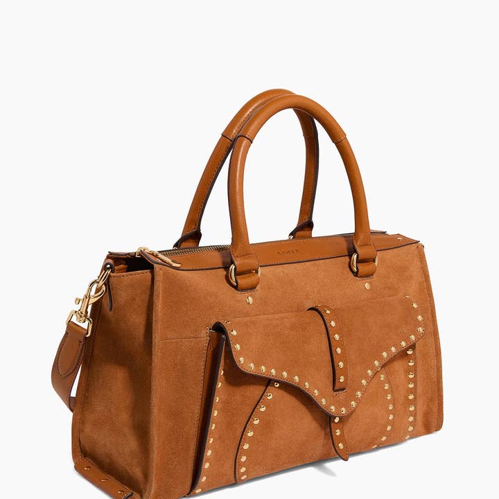 Rustic Caramel Suede Amour Satchel for wholesale on Faire3