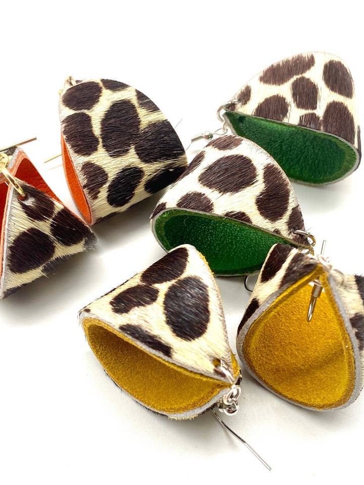 Cheetah Cowhide Leather Earrings with Contrast Lever Backs for wholesale by Rebecca Malcom LeatherWorks