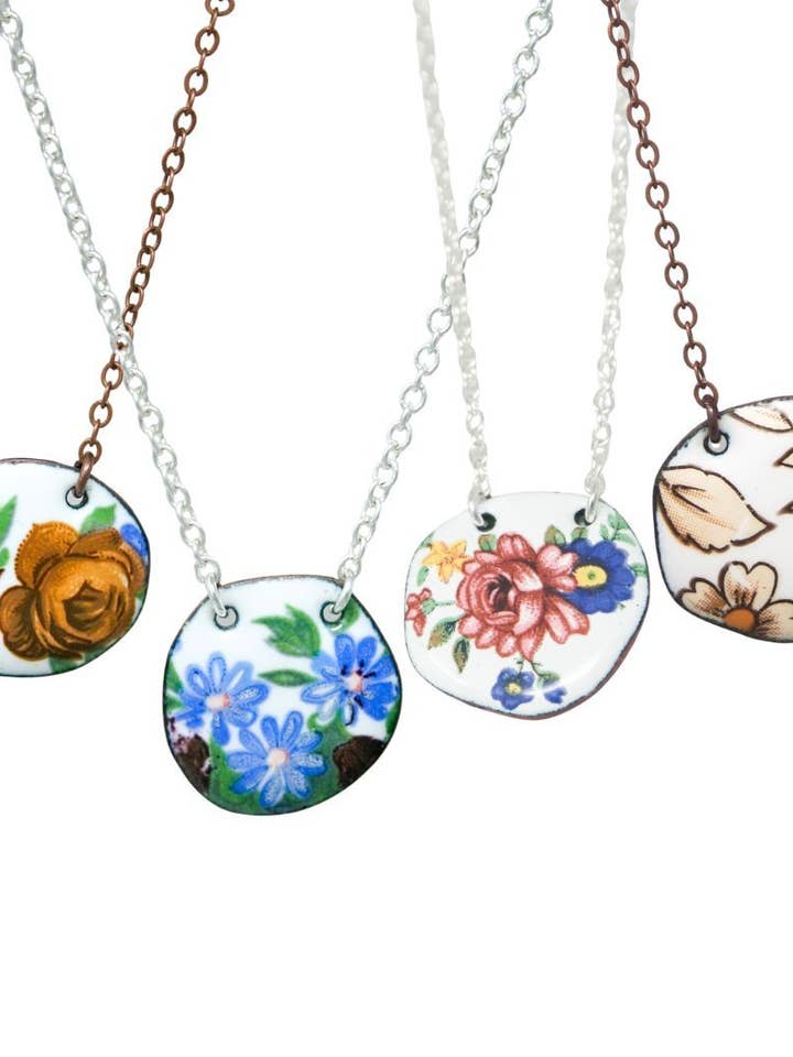 Flower Dot Necklace, Assorted. Vintage on enameled copper for wholesale by Rising Jewelry