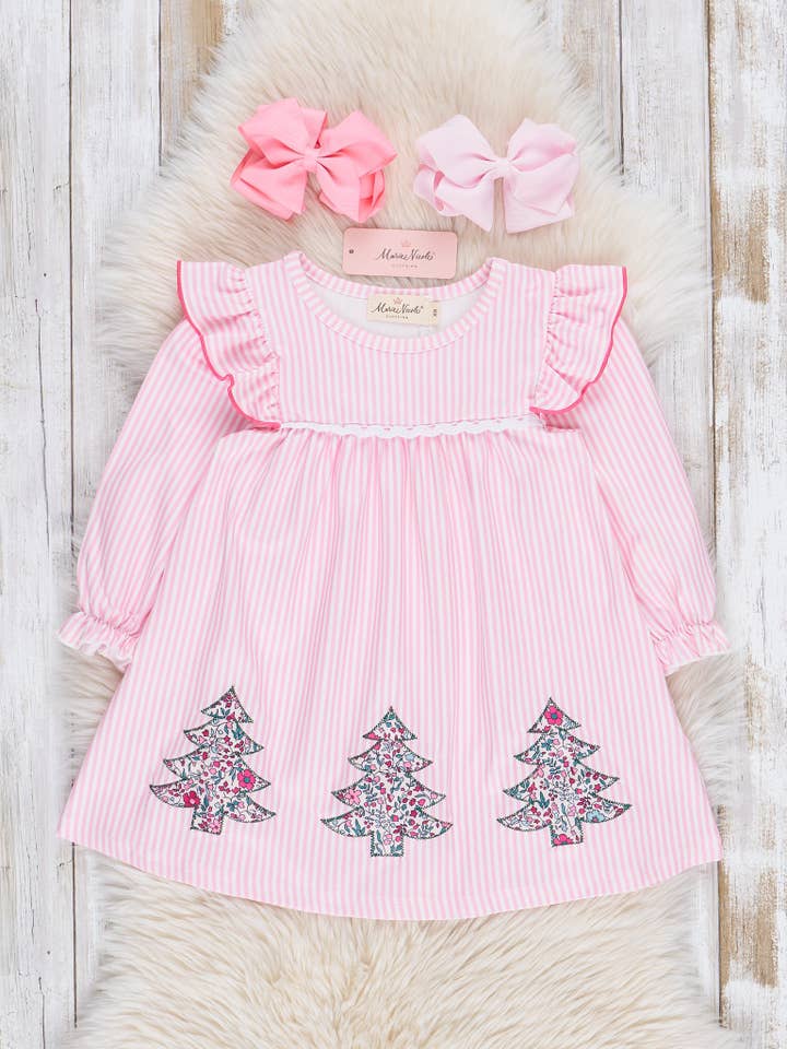 Marie Nicole Clothing - Wholesale Dress - Kids - Pink Striped Embroidered Floral Trees Ruffle Dress