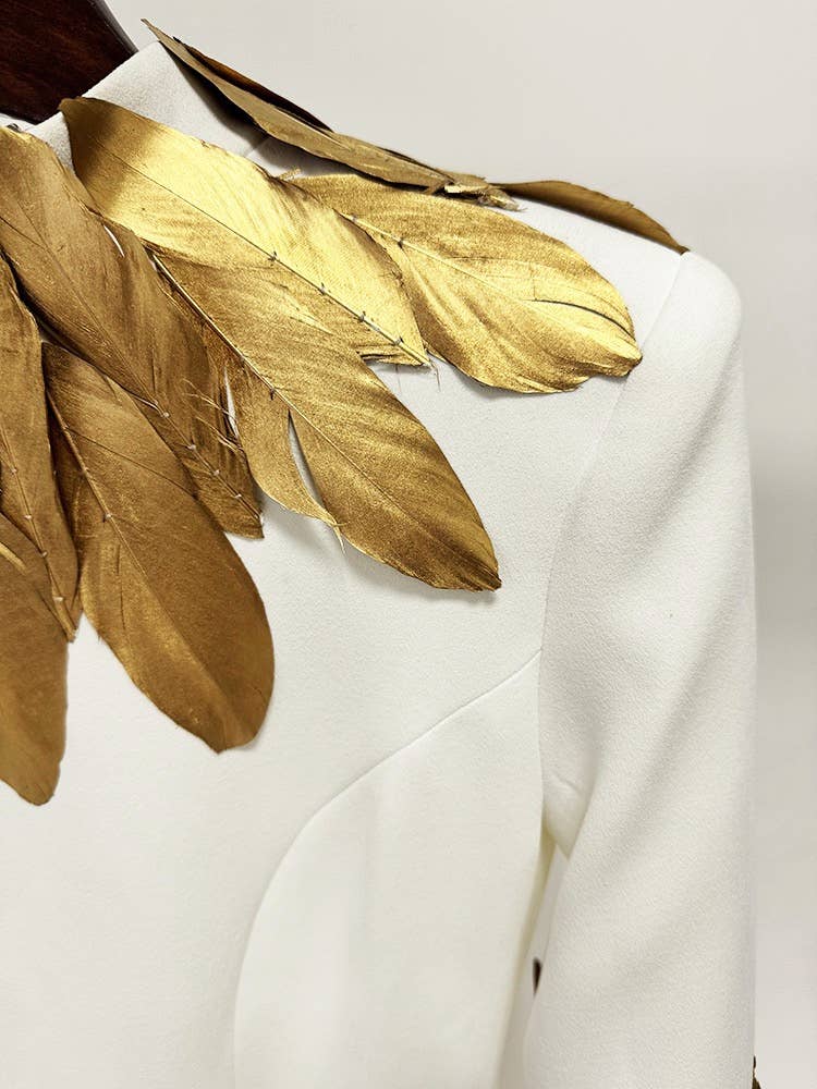 Cream 39Y Graceful Long Evening Dress with Golden Feather Details for wholesale on Faire4