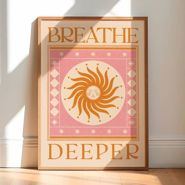 ‘Breathe Deeper’, Boho Celestial Sun Yoga Wellness Art Print for wholesale by Nïma Nïma Studio