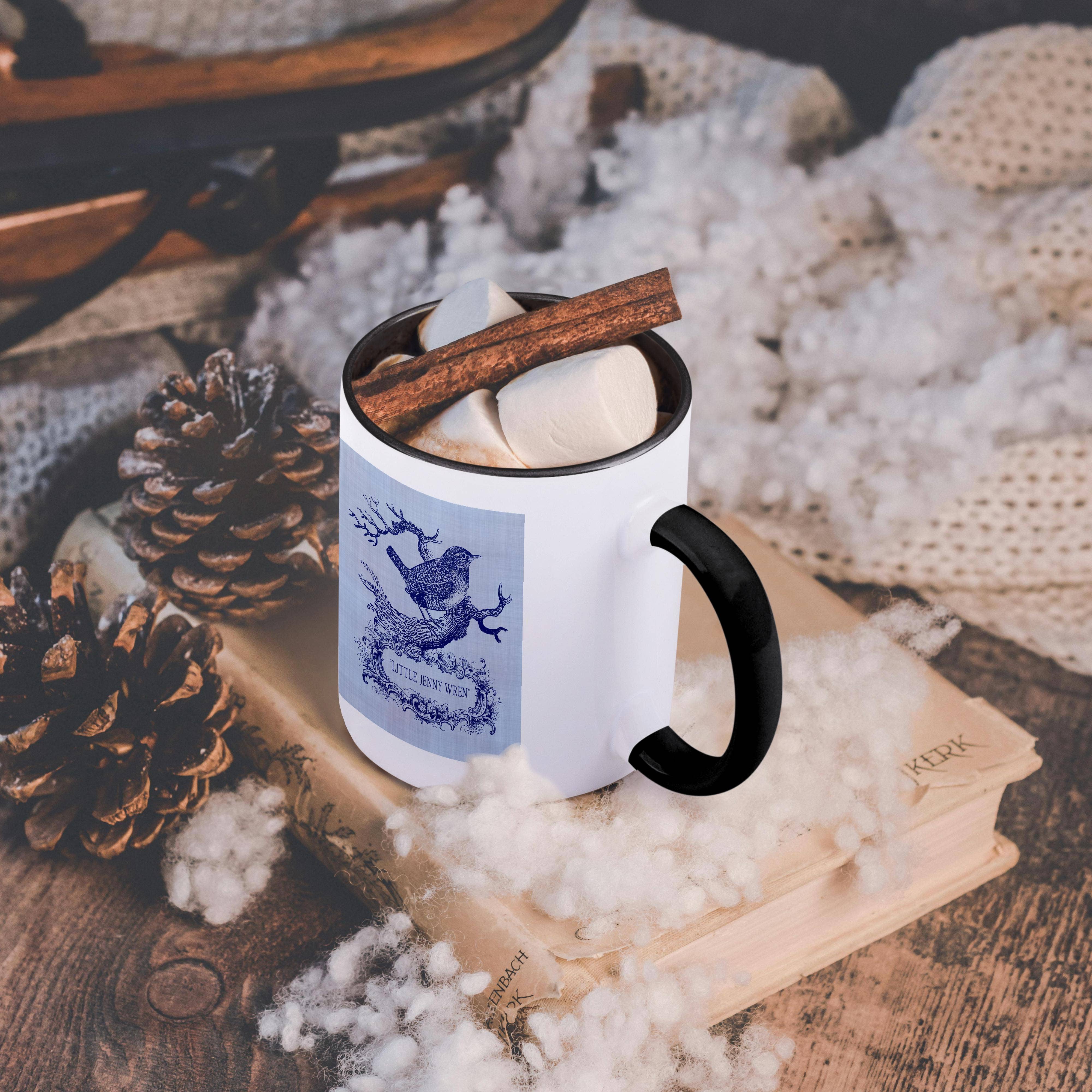 3dRose - Wholesale Coffee Mug - 3dRose, Little Jenny Wren- pretty little bird and cartouche in blue, Mug4