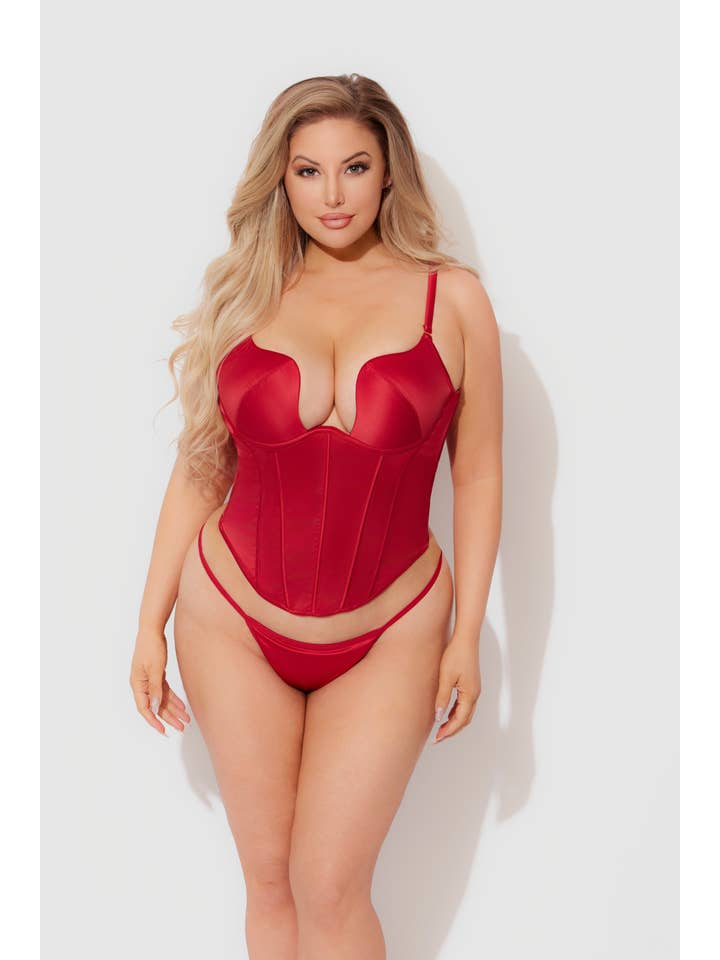 CRIMSON RED BRIGETA SATIN PLUNGE PUSH UP BUSTIER & G-STRING SET for wholesale on Faire