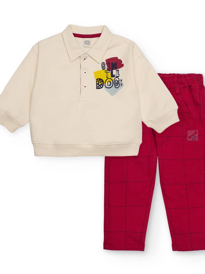 Set für Jungen in Rohweiß und Bordeaux mit Hundemuster für den Großhandel von tuc tuc