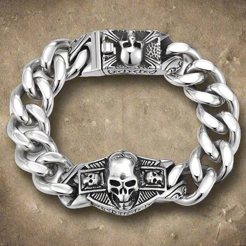 Curb Chain Mens Large Skull ID Identification Bracelet for wholesale by WoodWristCo