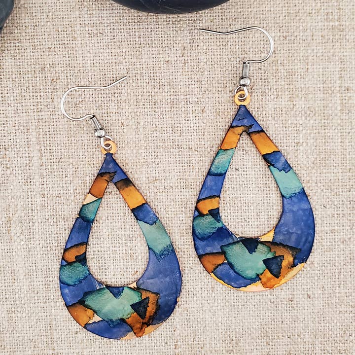 Covaly Artisan Jewelry - Wholesale Dangle Earrings - Alcohol Ink Copper Large Teardrop GoGo Earrings