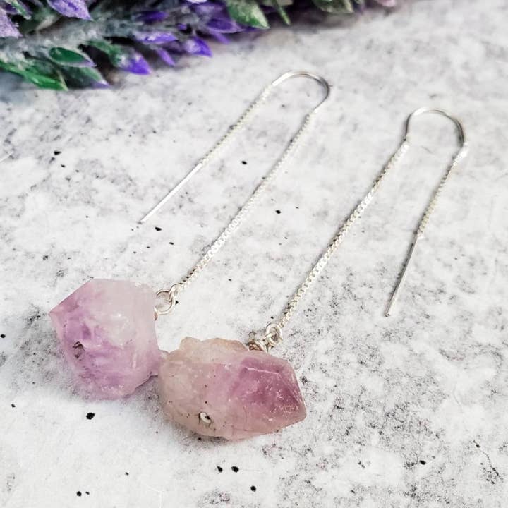 Salt and Sparkle - Wholesale Dangle Earrings - Purple Amethyst Raw Crystal Threader Earrings