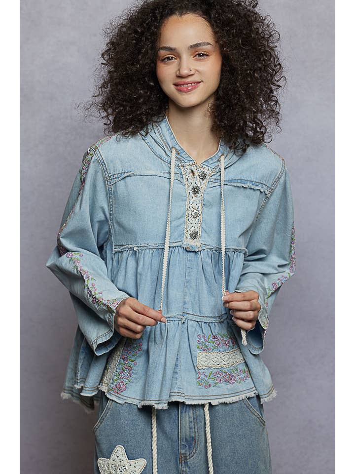 Pol Clothing - Wholesale Hoodie – Women's - Long Sleeve Double Gauze Embroidery Shirring Woven Top11