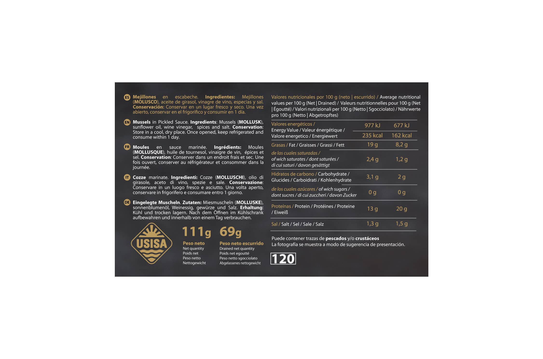Unión Salazonera Isleña - Wholesale Tinned Fish - USISA-MUSSELS IN ESCABECHE 69GR3