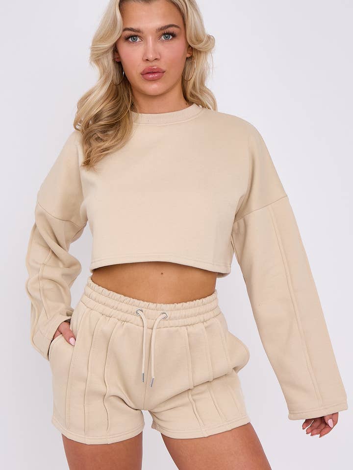AX Labels - Wholesale Lounge Set - Women's - Seam Detail Oversized Crop Top & Shorts Fleece Co-ord25