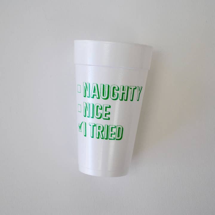 Gatherings by Curated Paperie - Wholesale Disposable Cup - Green Naughty, Nice, I Tried 20oz. Foam Cups | 10 pack2