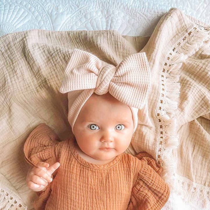 Petite + Co - Wholesale Fashion Headband - Baby - CHUNKY WAFFLE BOW HEADBAND - BEIGE