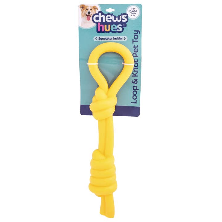 Jouet couineur en TPR Chews Hues Loop & Knot en jaune pour la vente par Lexington Pet & Wrangler Pet