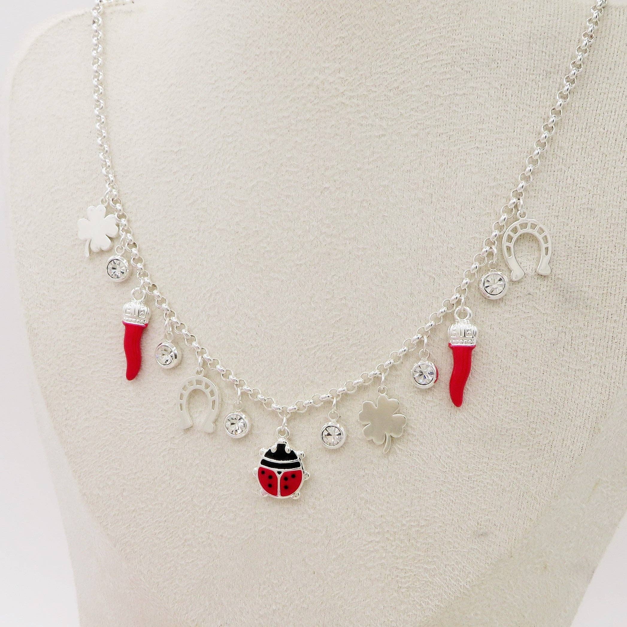 ACIER INOXYDABLE ARGENTÉ BONNE CHANCE Collier plaqué ARGENT ~ en ACIER INOXYDABLE avec breloques porte-bonheur en vente sur Faire2