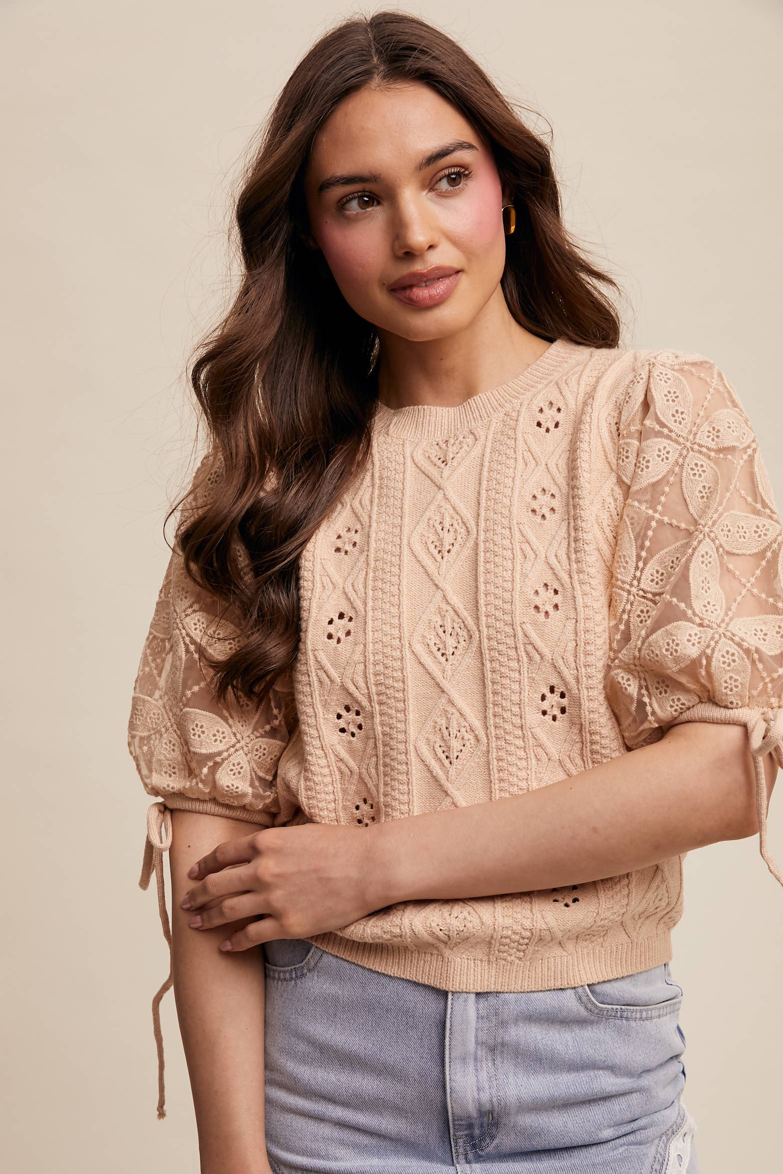 Listicle – Pulôver - Mulher por atacado – Top de Malha com Mangas Bufantes e Ilhós3