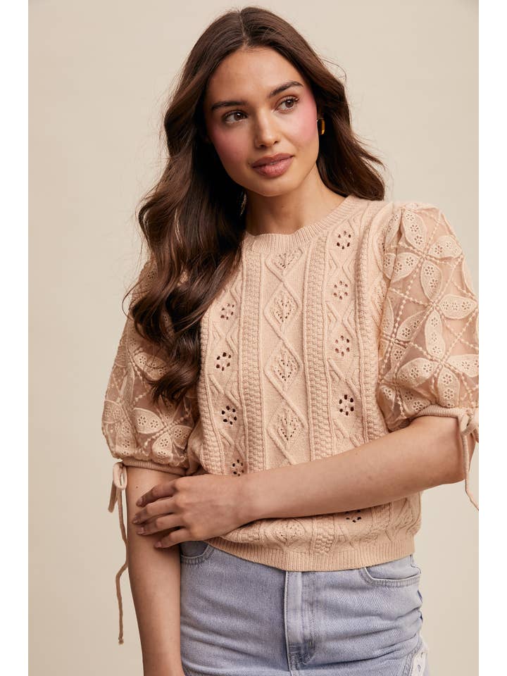 Listicle – Pulôver - Mulher por atacado – Top de Malha com Mangas Bufantes e Ilhós3