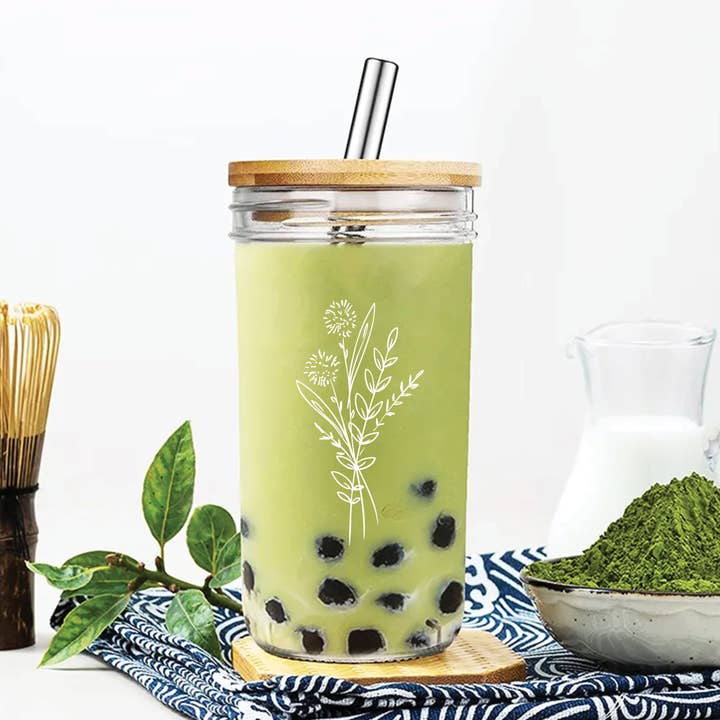 Grace and Joy Company - Wholesale Drinking Glass/Cup - Floral Bouquet Glass Tumbler + Bamboo Lid
