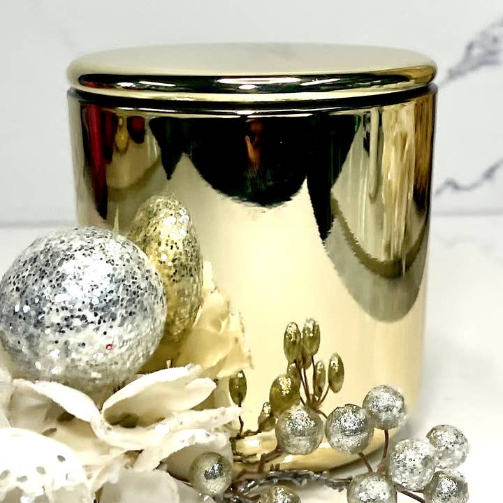 Christmas Candle, luxury gold jar with a gold lid, for wholesale by Loving Lights Candles LLC