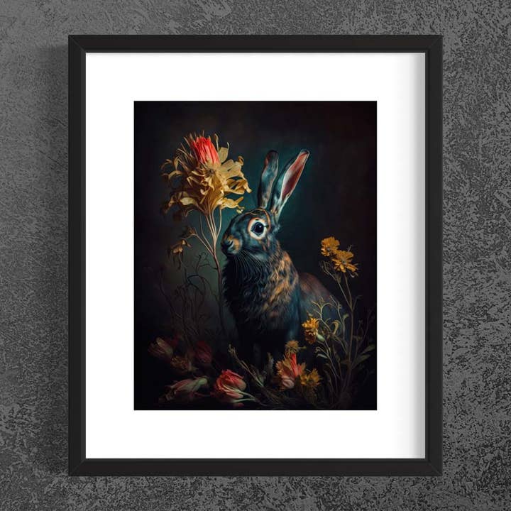 Salty Alyce - Vendita all'ingrosso Stampa artistica - Coniglio vintage Moody in pittura floreale antica AS1361