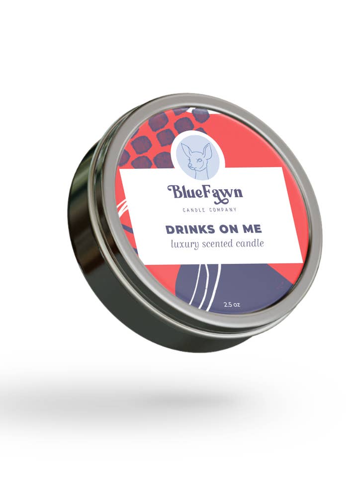 Drinks On Me - Raspberry and Coconut Tin Scented Candle for wholesale by Blue Fawn Candle Company