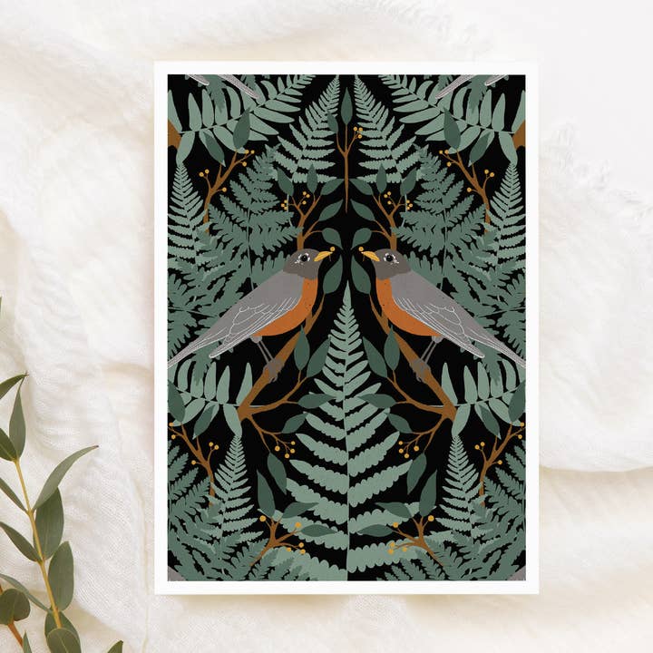 Botanische Grußkarte | Vogel- und Farn-Geburtstagskarte für den Großhandel von Kourtni Gunn Art
