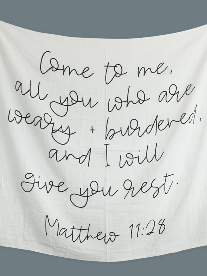 Organic Swaddle Blanket- Matthew 11:28 for wholesale by Modern Burlap