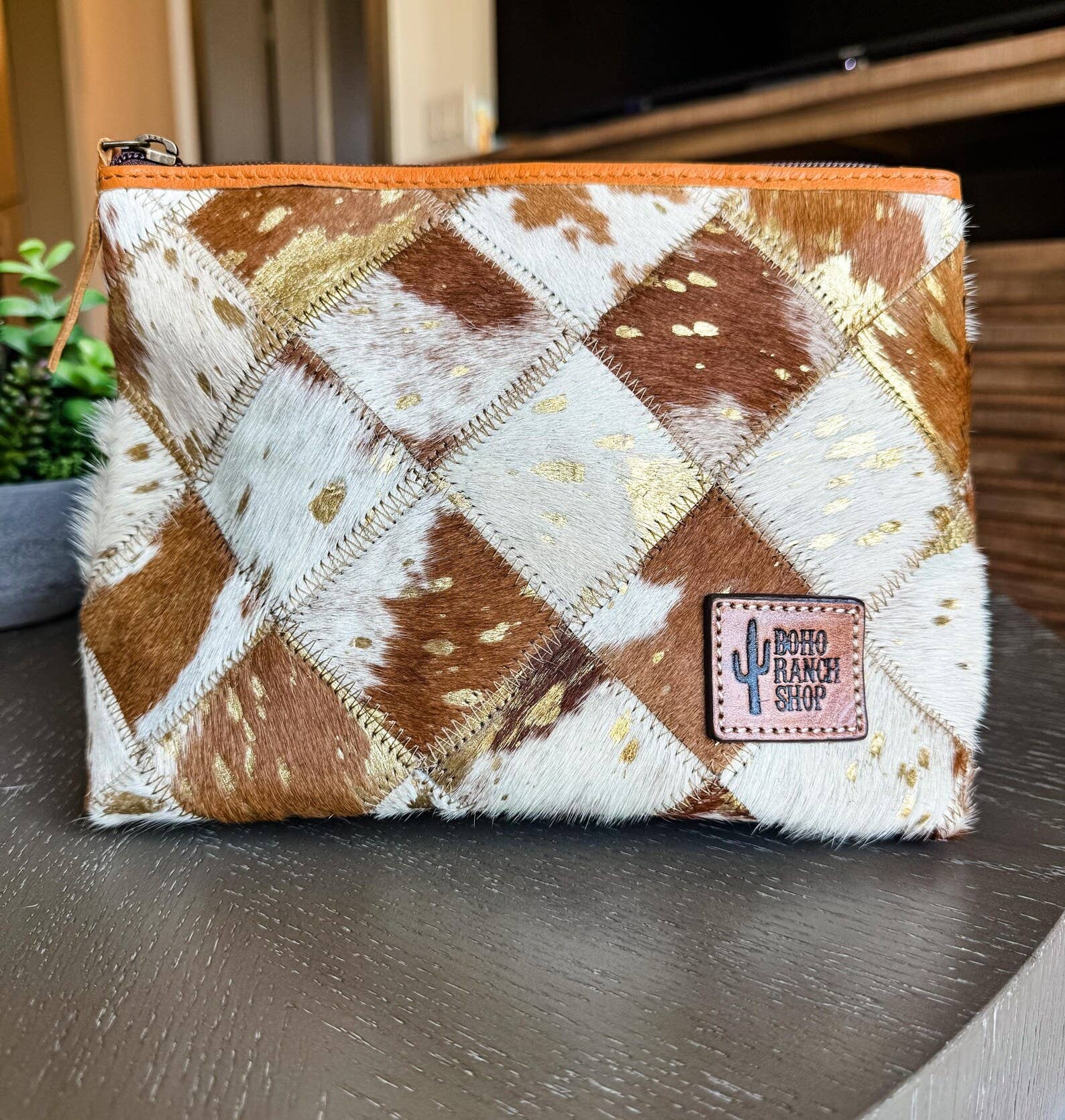 Boho Ranch Shop - Venta al por mayor Bolsa para maquillaje - Neceser de viaje de piel de vaca a cuadros estilo occidental1